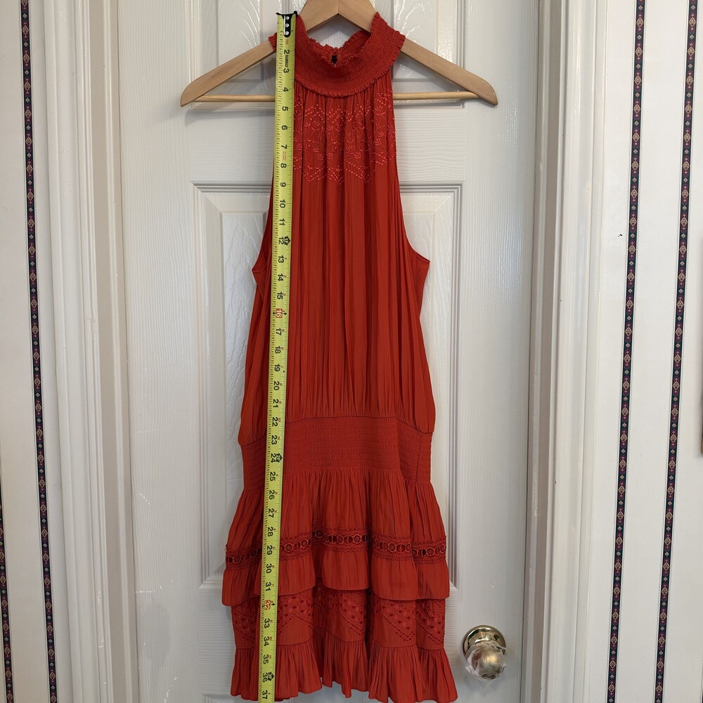 Ramy Brook Pleated Sleeveless Red Dress Embroidered High Neck Tiered Skirt 37 In